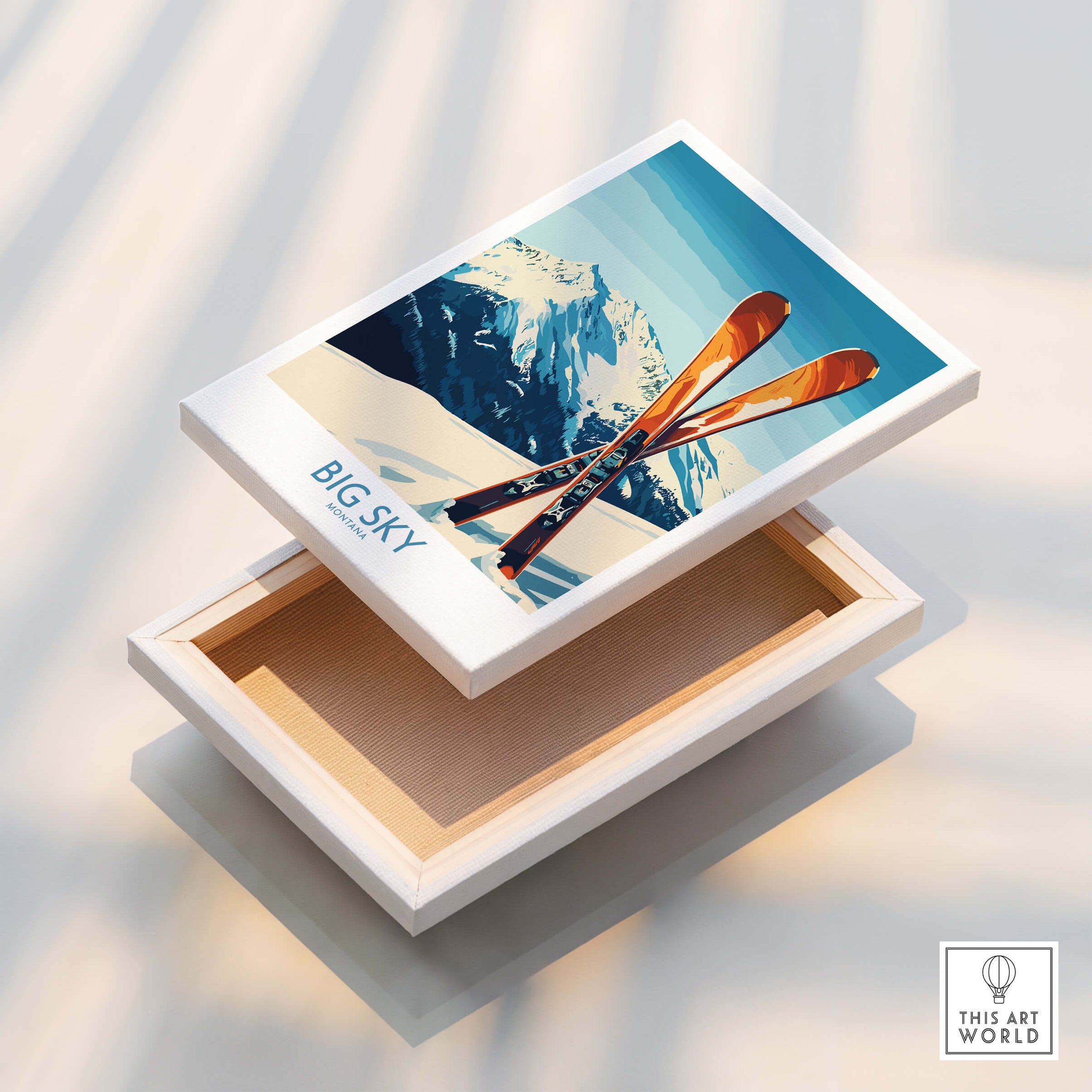Big Sky Poster Montana featuring vintage skis and mountain backdrop in a beautiful art box.