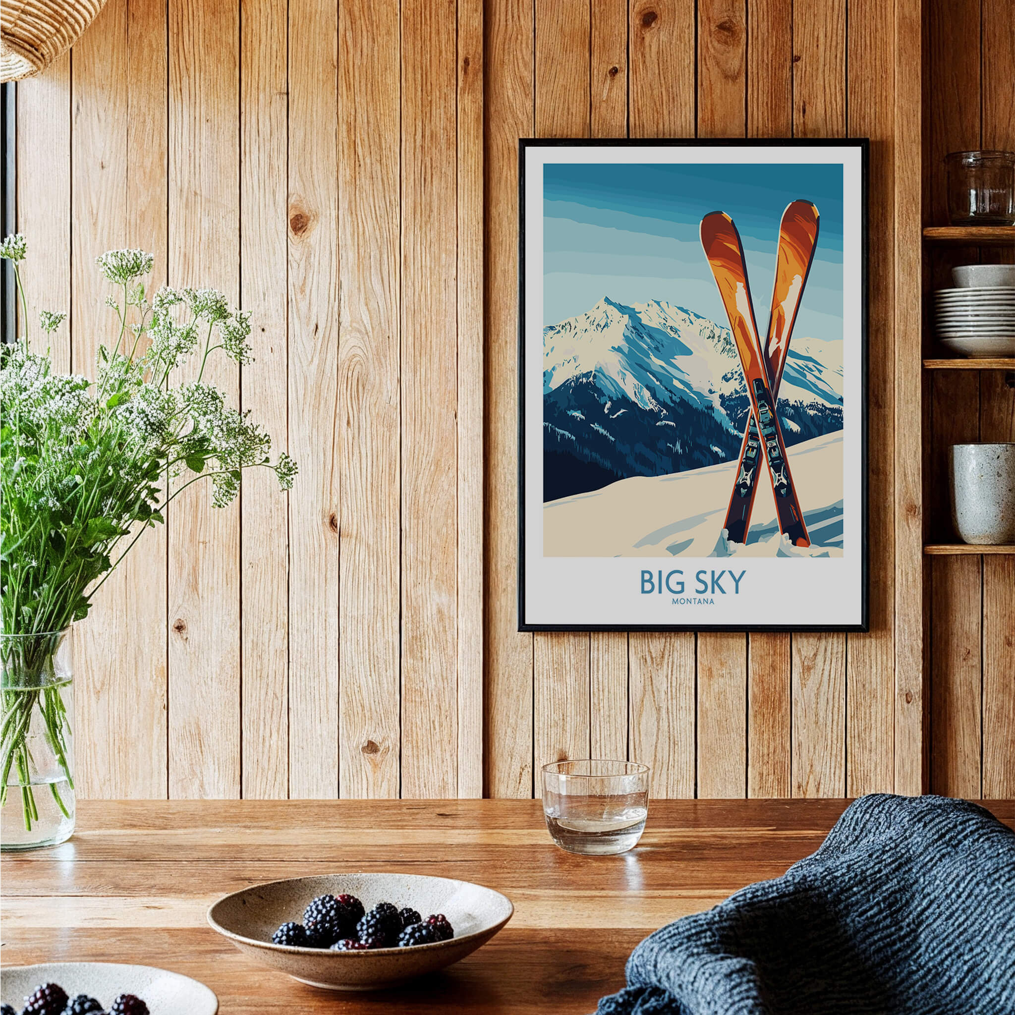 Big Sky Poster Montana featuring skis against a mountain backdrop, perfect for ski enthusiasts and adventure lovers.