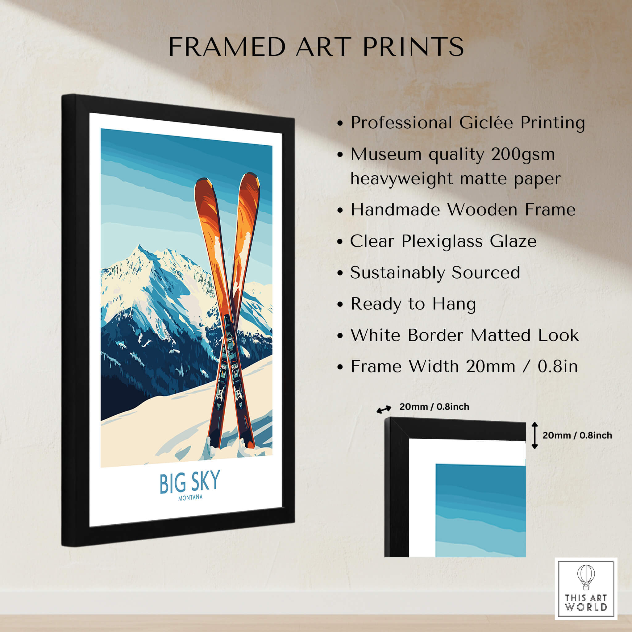 Big Sky Poster Montana framed art print featuring skis and mountain scenery.