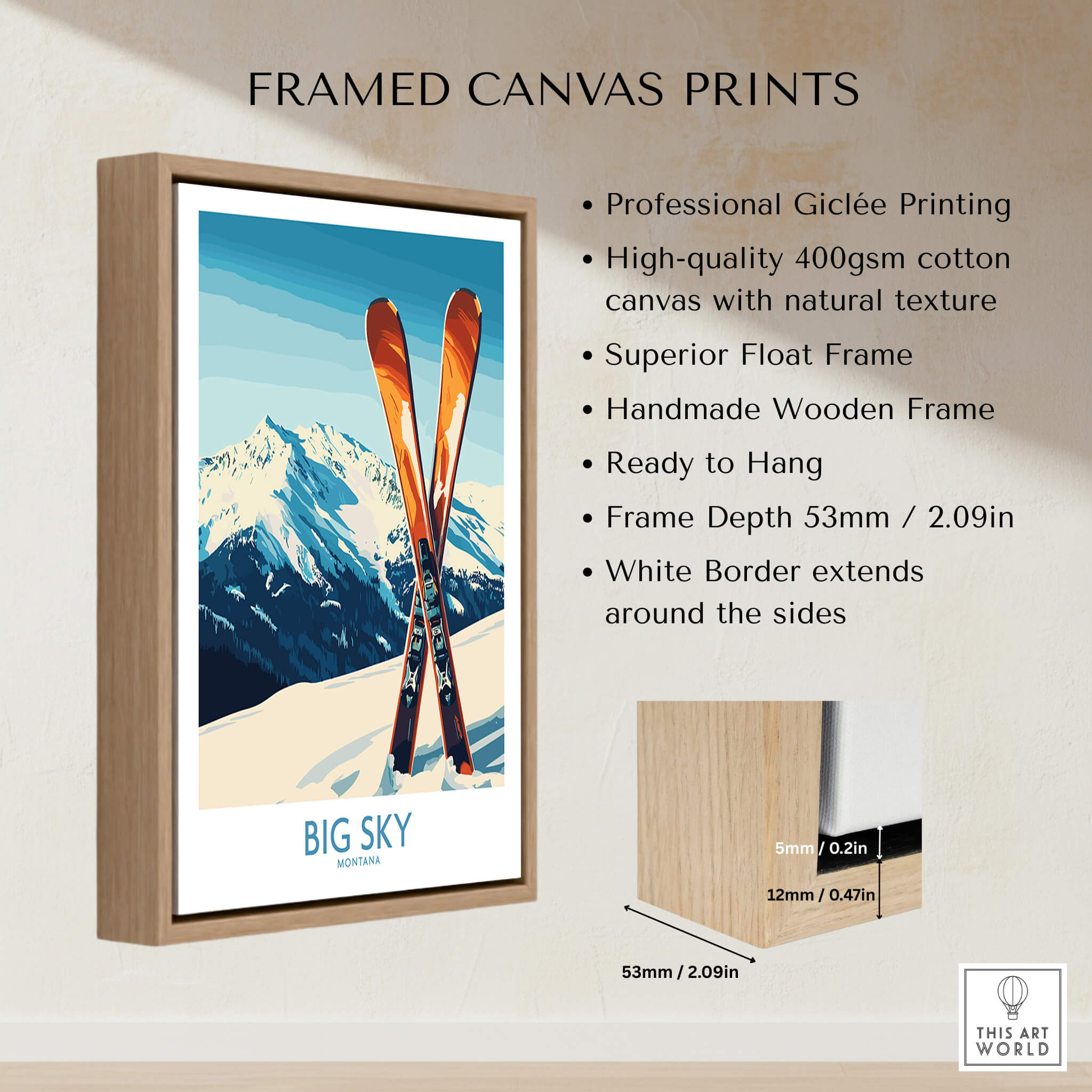 Big Sky Poster Montana framed canvas print showcasing skis against a mountain backdrop.