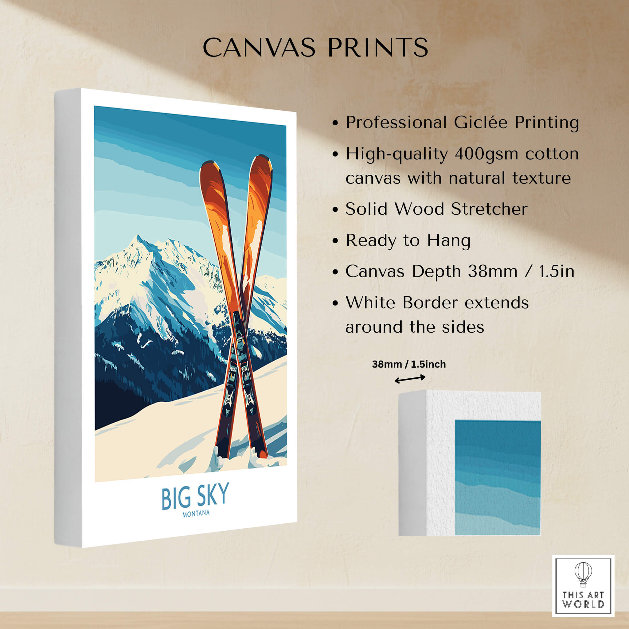 Big Sky Poster Montana showcasing snow skis on a canvas print, perfect for home decoration and skiing enthusiasts.