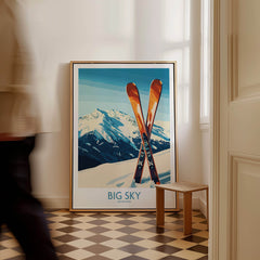 Big Sky Poster Montana featuring skis and a mountain backdrop in a stylish interior setting.