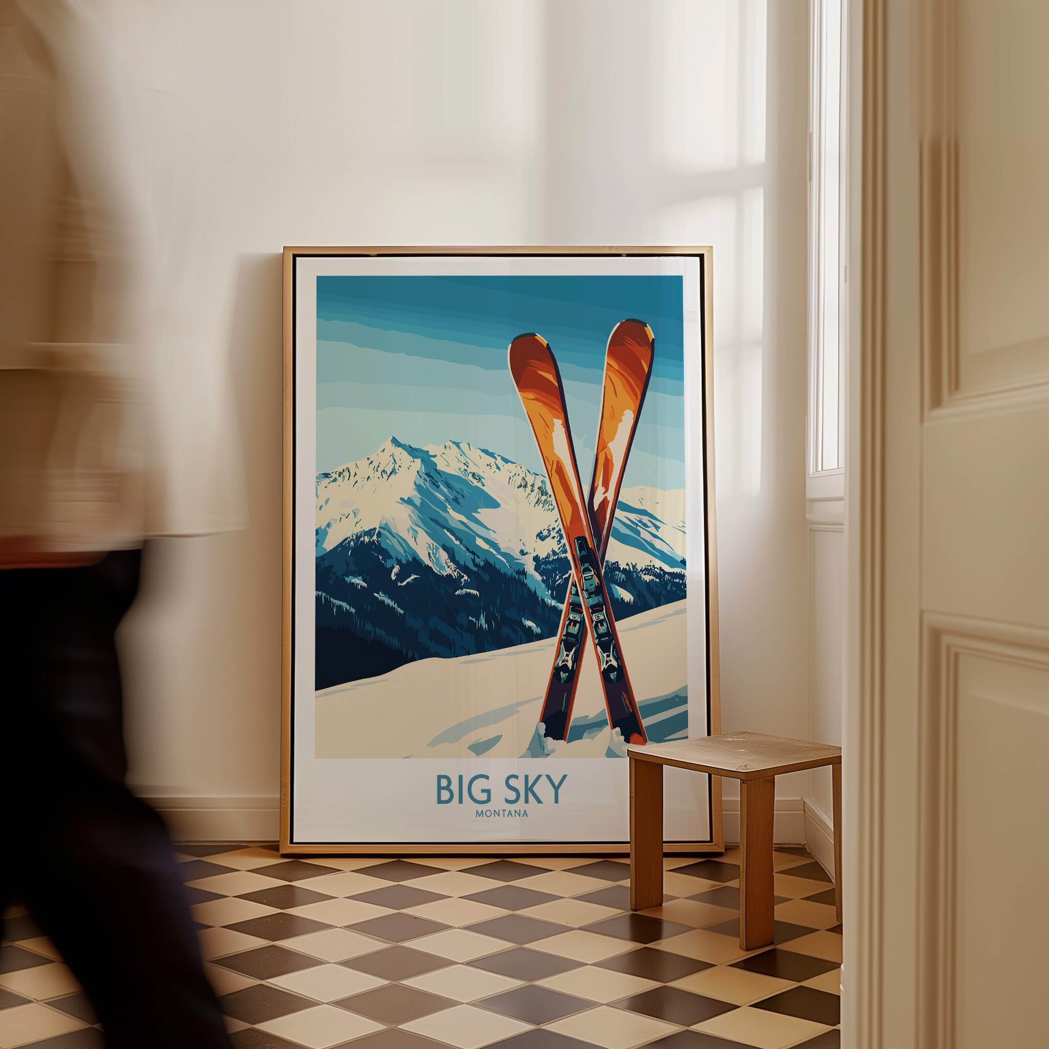 Big Sky Poster Montana featuring skis and a mountain backdrop in a stylish interior setting.