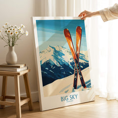 Big Sky Poster Montana showcasing skiing and mountain beauty in a stylish home setting.