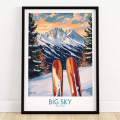 Big Sky Wall Art Ski Poster featuring skis in front of mountains and trees at sunset.