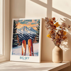 Big Sky Wall Art Ski Poster featuring vibrant mountains and skis in a sunlit room with flowers.