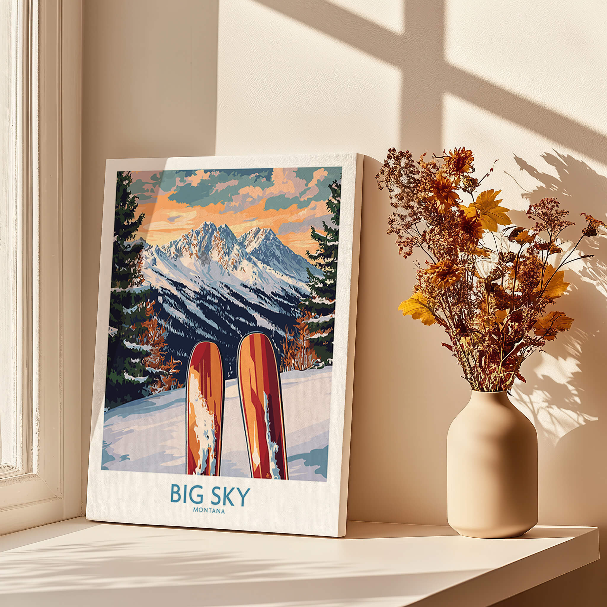 Big Sky Wall Art Ski Poster featuring vibrant mountains and skis in a sunlit room with flowers.