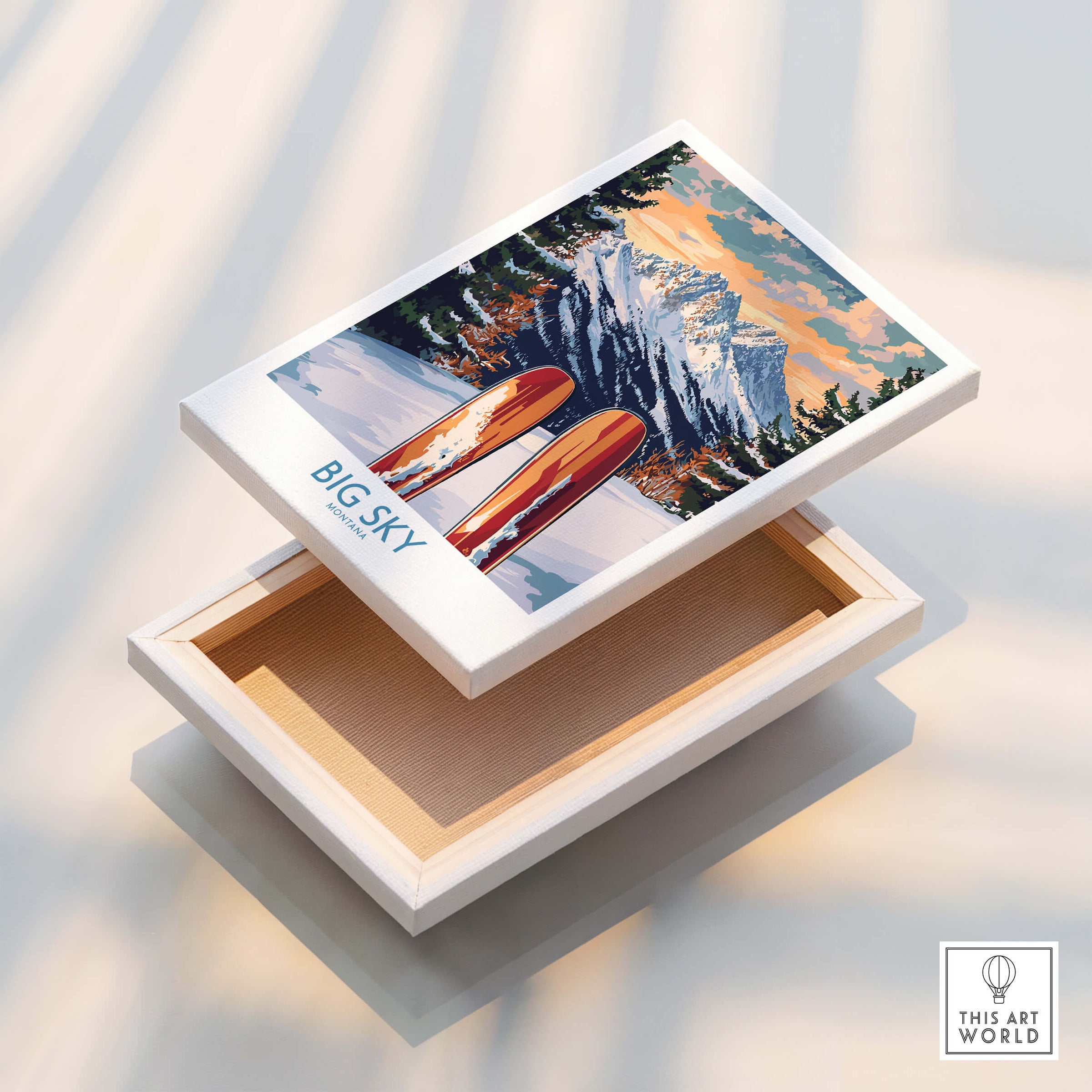 Big Sky Wall Art Ski Poster displayed on a wooden box, showcasing vibrant colors and a mountain ski landscape.