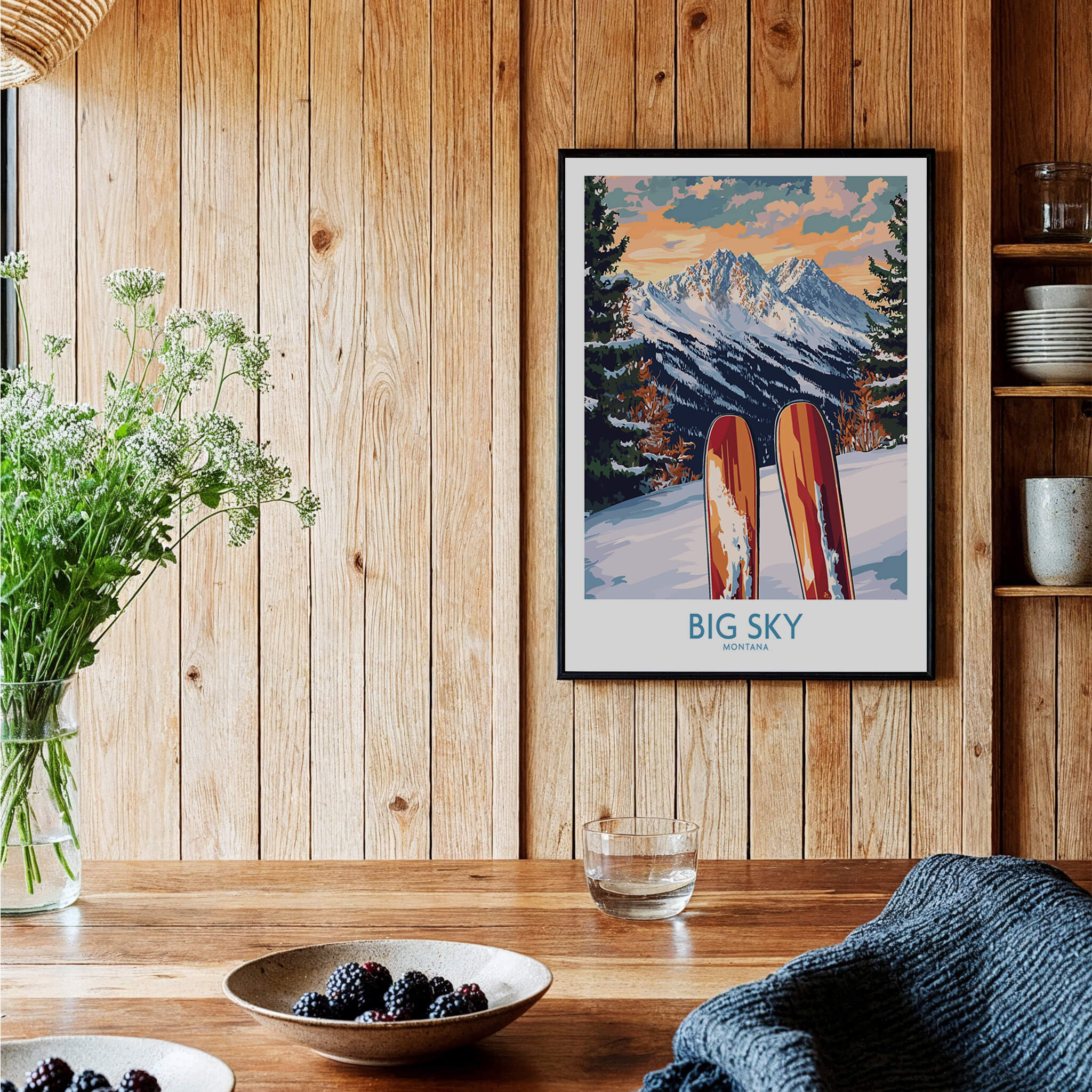 Big Sky Wall Art Ski Poster featuring vibrant colors and dynamic design, perfect for ski enthusiasts.