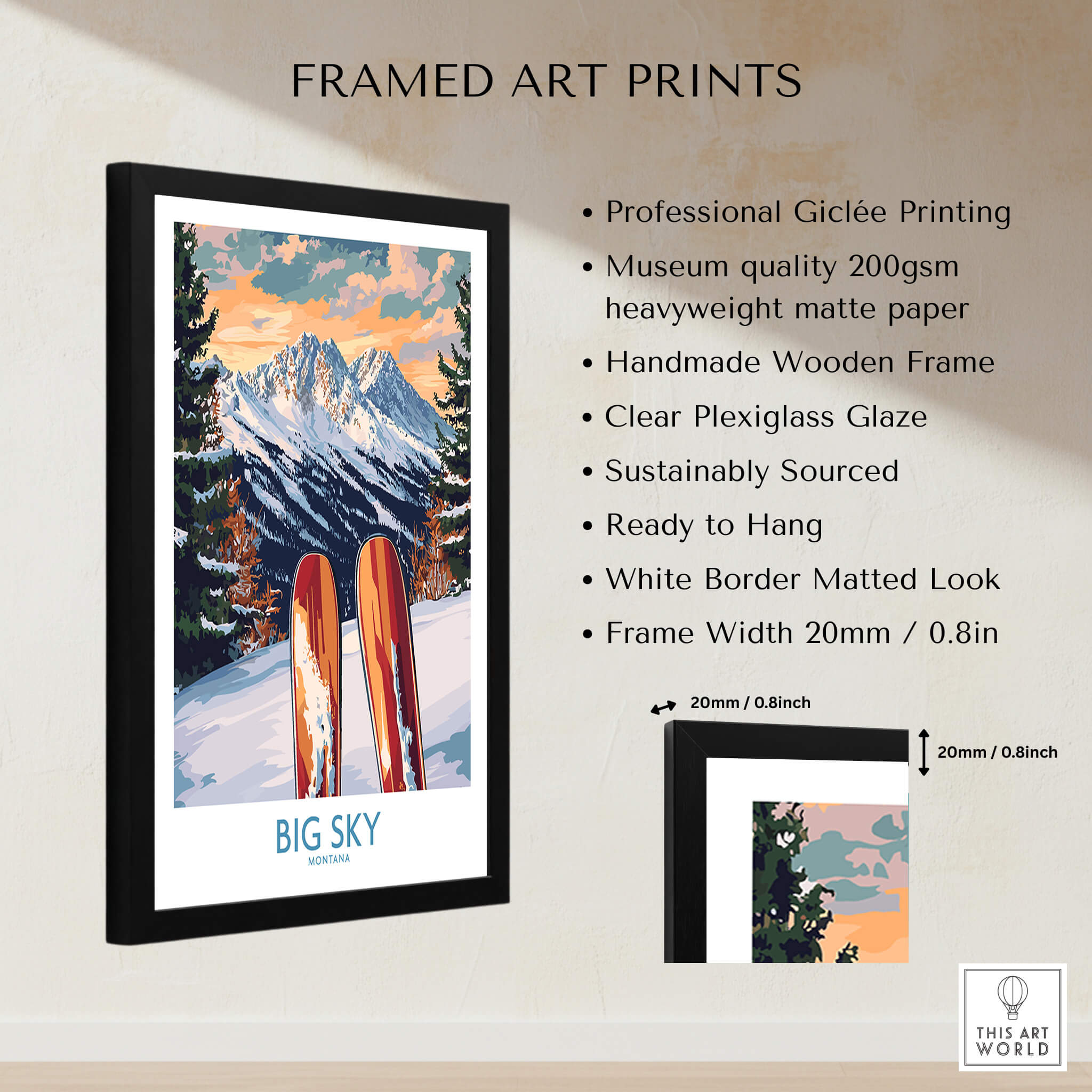 Big Sky Wall Art Ski Poster framed with professional giclée printing and clear plexiglass glaze on a matte paper.