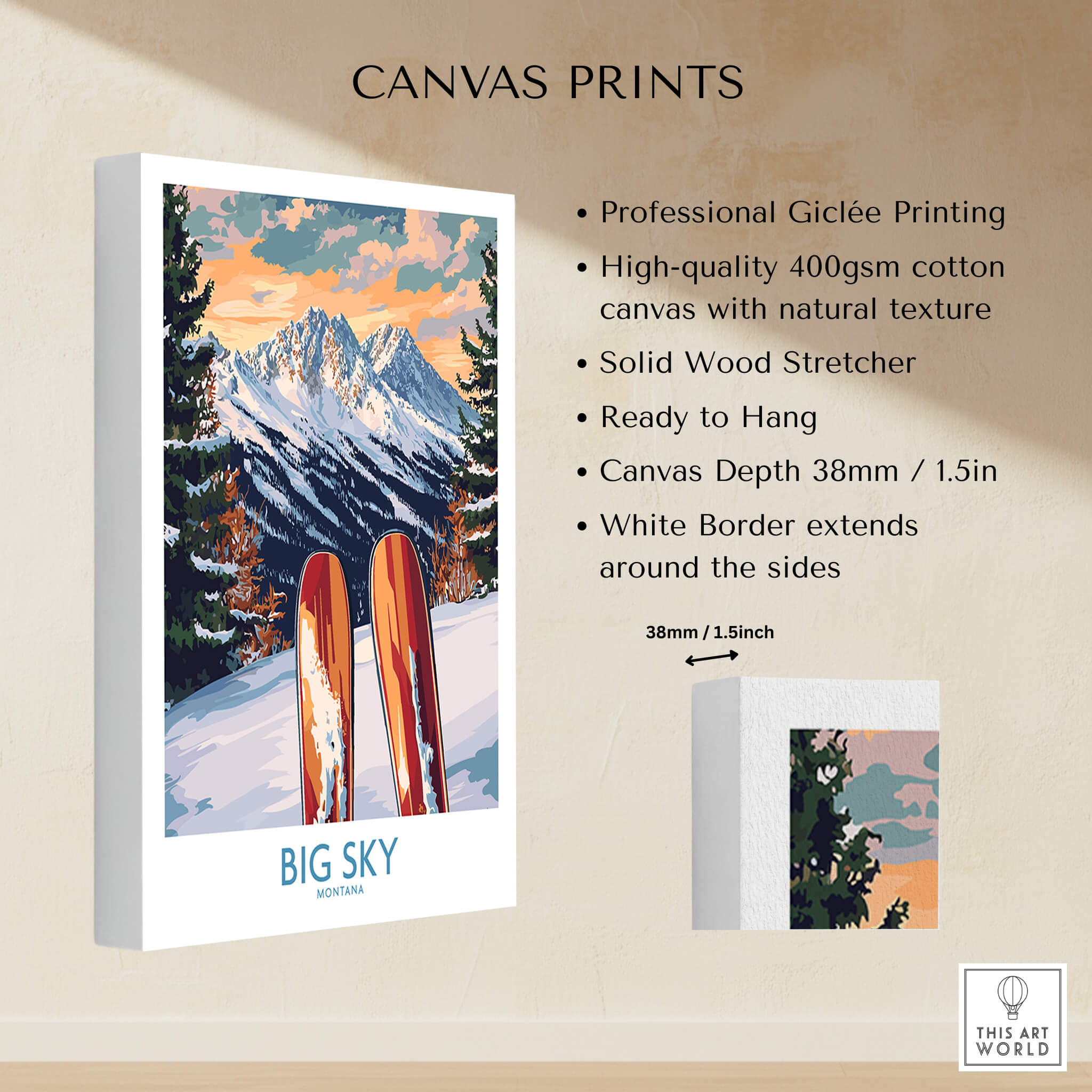 Big Sky Wall Art Ski Poster featuring a mountain landscape and ski equipment on a Giclée canvas print.