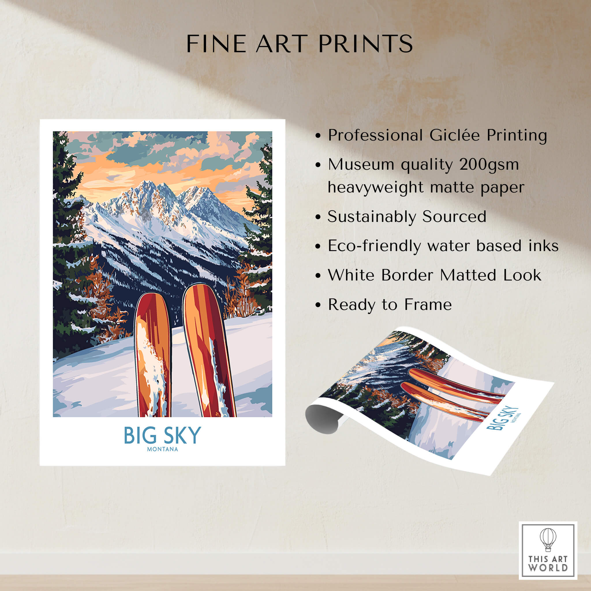 Big Sky Wall Art Ski Poster featuring vibrant colors and dynamic design, perfect for home decor and ski enthusiasts.