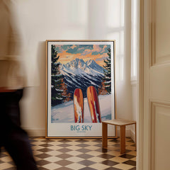 Big Sky Wall Art Ski Poster featuring vibrant skis against a scenic mountain backdrop.