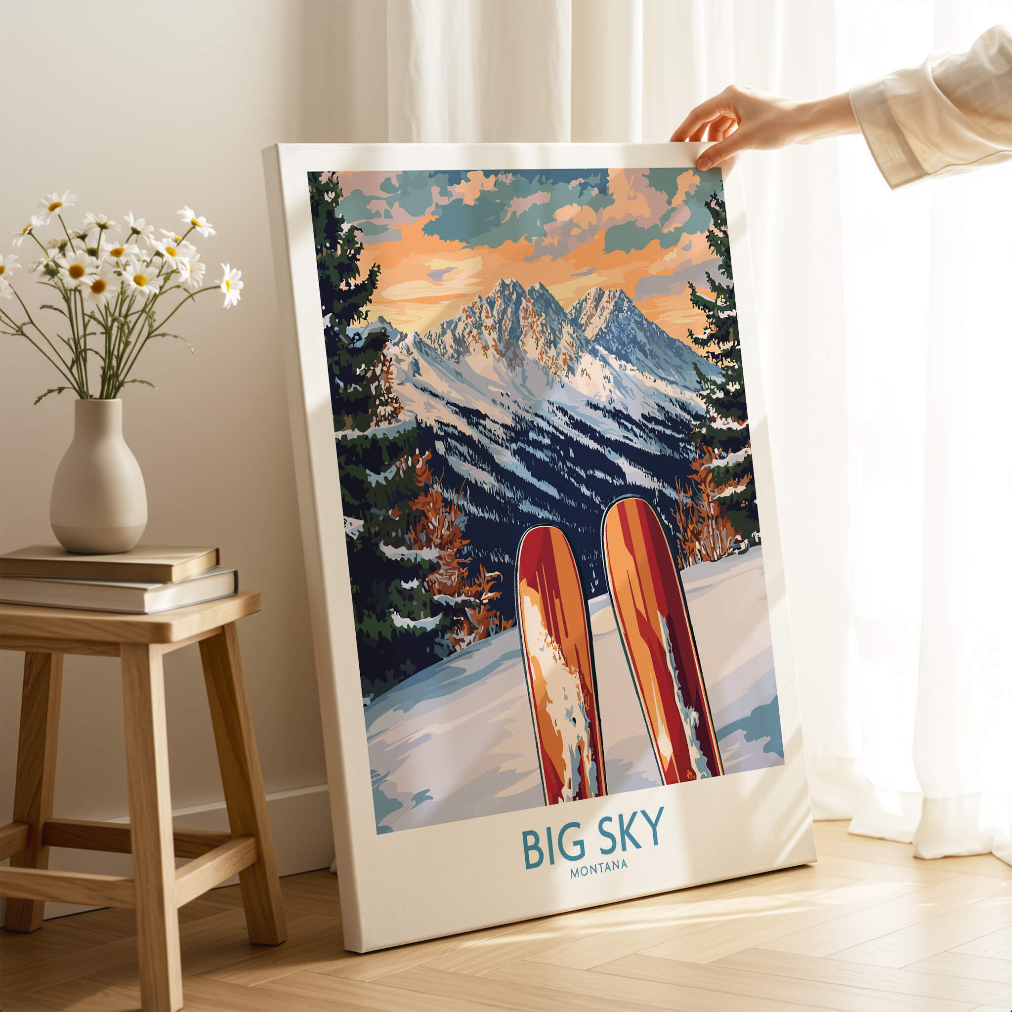 Big Sky Wall Art Ski Poster showcasing vibrant colors and mountain scenery perfect for ski enthusiasts.