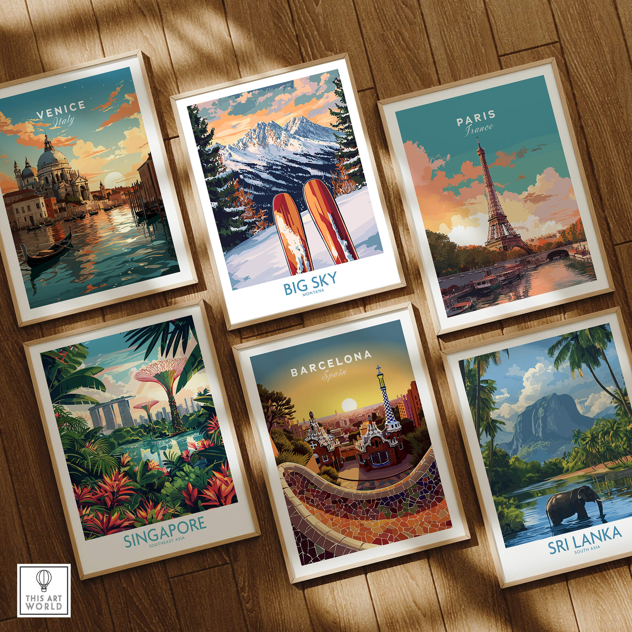 Big Sky Wall Art Ski Poster among travel-themed art prints featuring Venice, Paris, Barcelona, Singapore, and Sri Lanka.