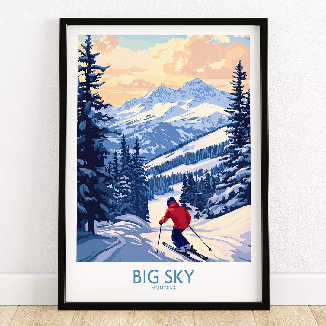 Big Sky Montana Print Ski Resort showcasing a skier in a snowy mountain landscape.