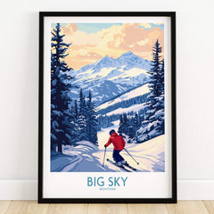 Big Sky Montana Print Ski Resort showcasing a skier in a snowy mountain landscape.