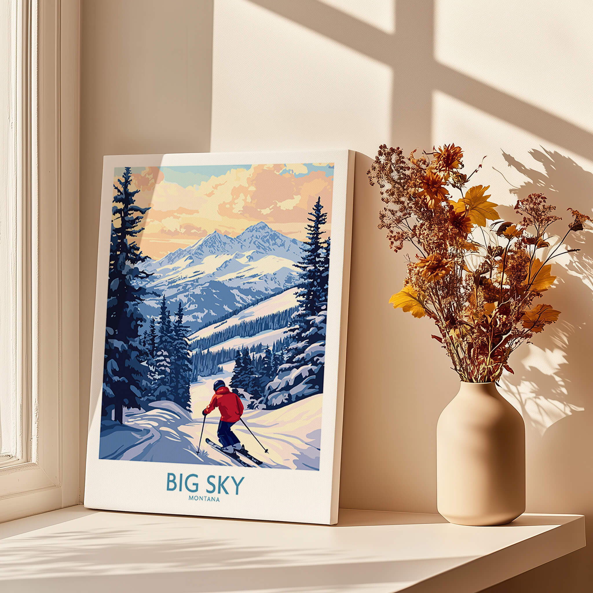 Big Sky Montana Print Ski Resort artwork featuring a skier on the slopes with scenic mountain views.