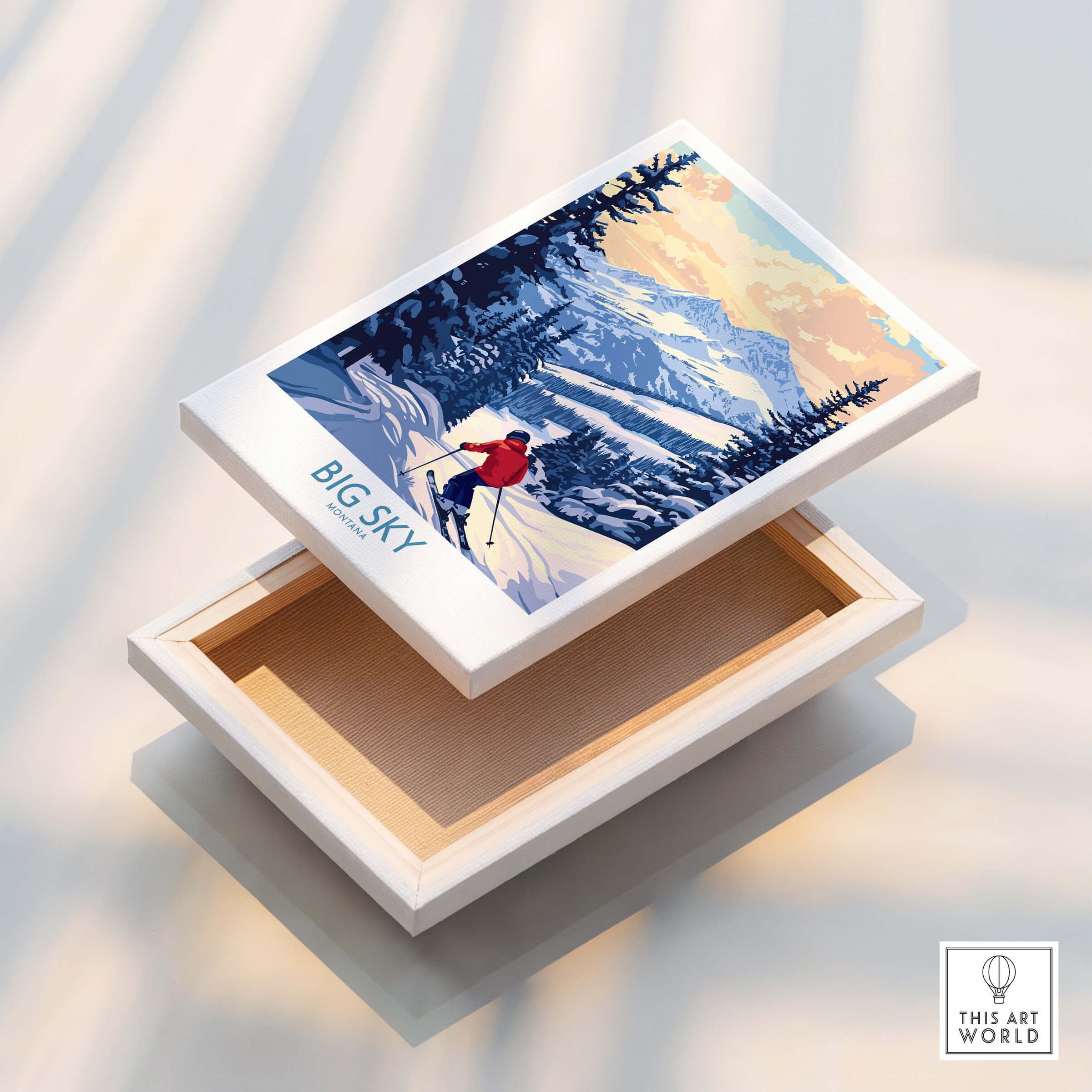 Big Sky Montana Print Ski Resort art print box with skier in snowy landscape.
