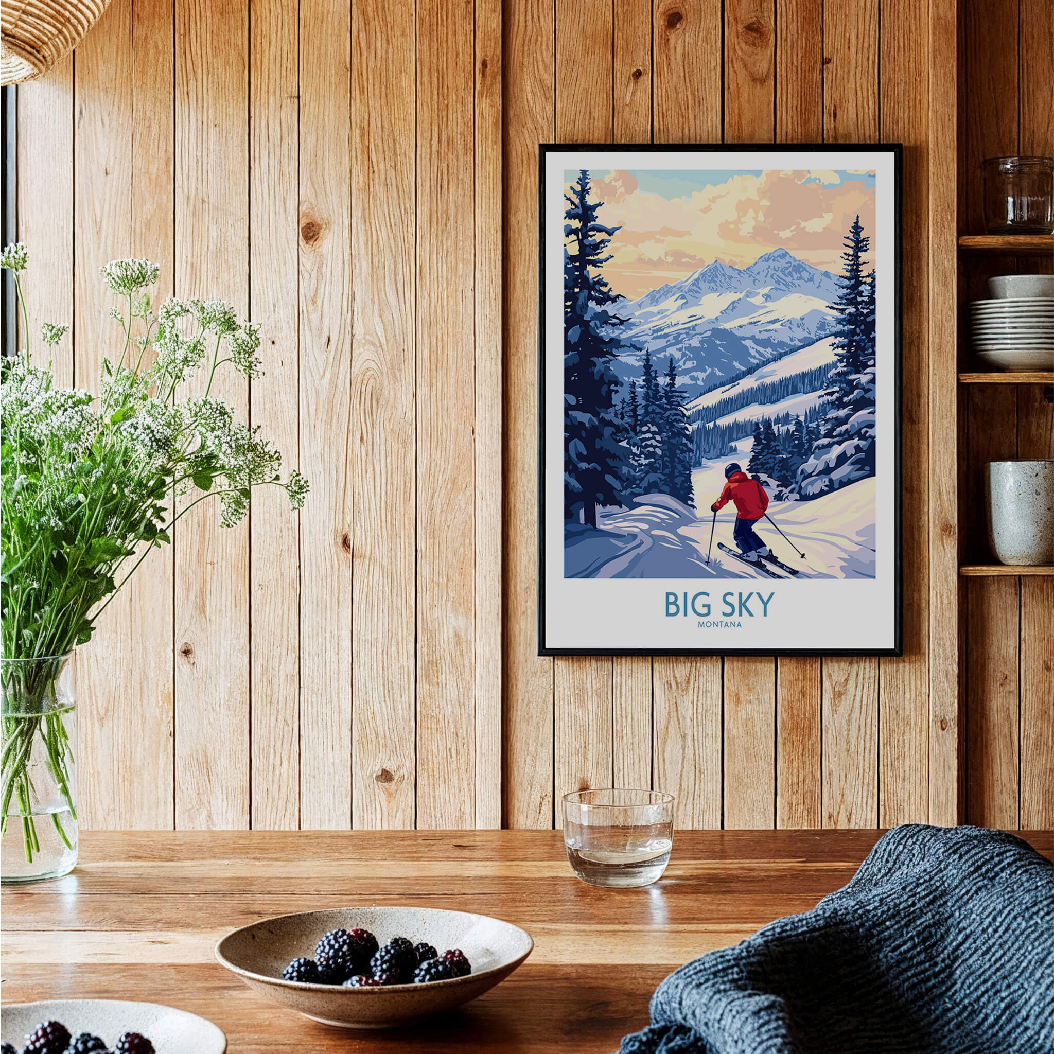 Big Sky Montana Print Ski Resort showcasing a skier in a snowy landscape framed against wooden decor.