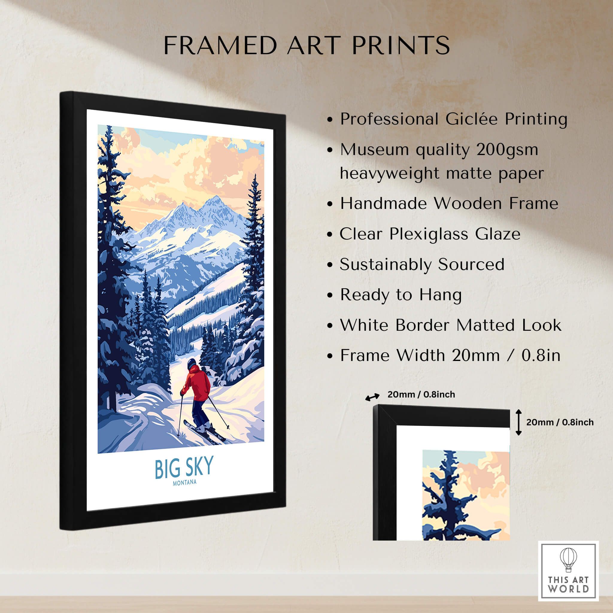 Big Sky Montana Print Ski Resort framed art print featuring snowy mountains and skier.