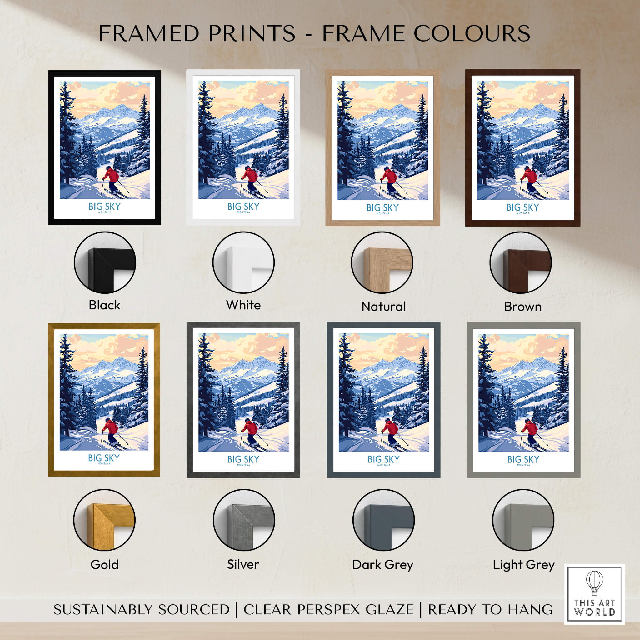 Framed prints of Big Sky Montana Print Ski Resort in various frame colors including black, white, natural, and brown.