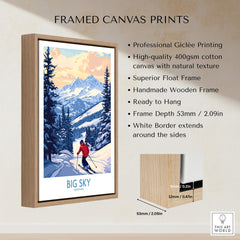 Framed canvas print of Big Sky Montana Print Ski Resort, showcasing stunning mountain views and skier.