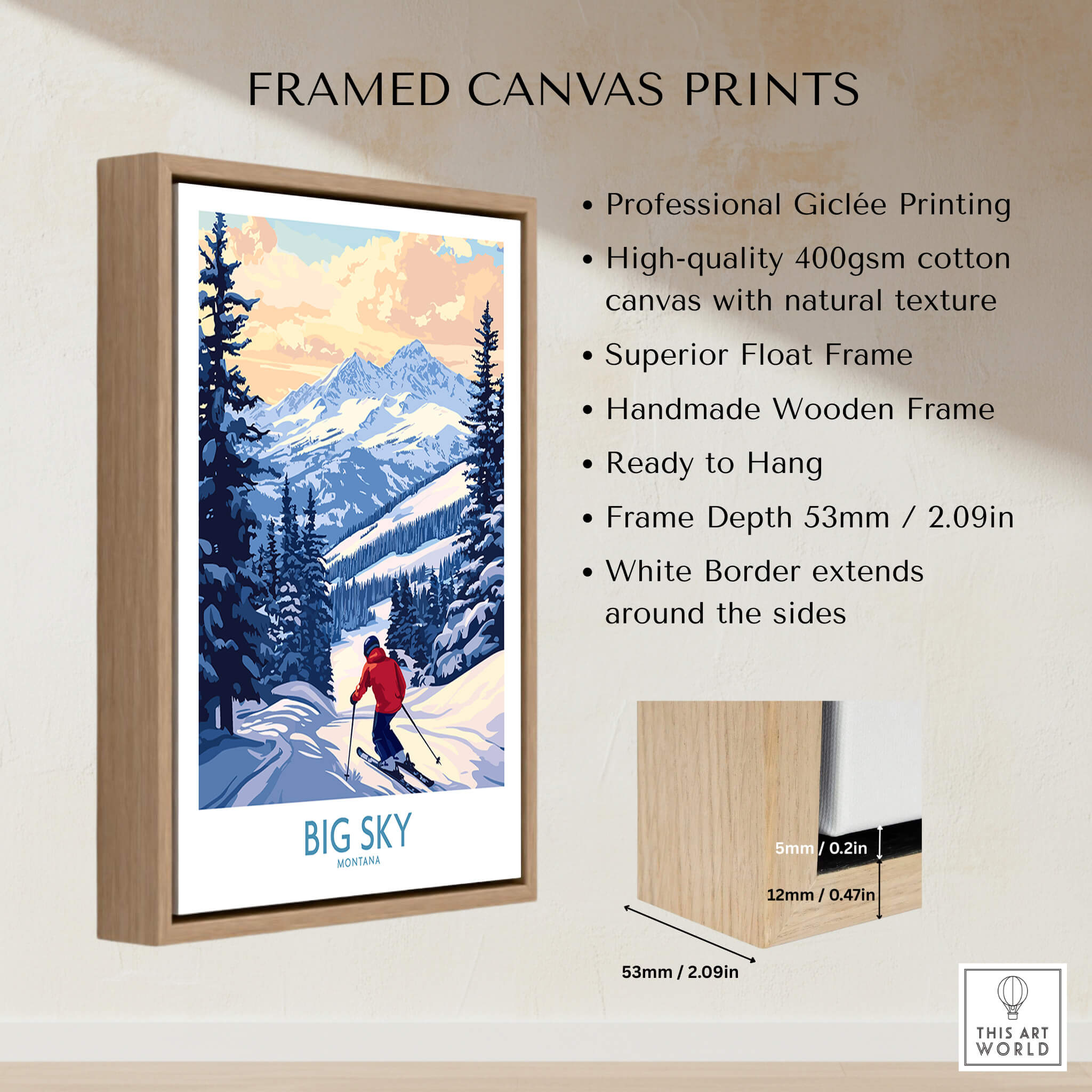 Framed canvas print of Big Sky Montana Print Ski Resort, showcasing stunning mountain views and skier.