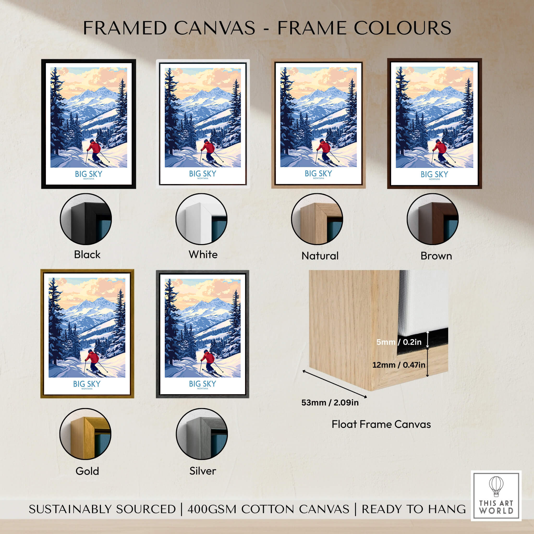 Framed Big Sky Montana Print Ski Resort canvas art in various frame colors for home decor.