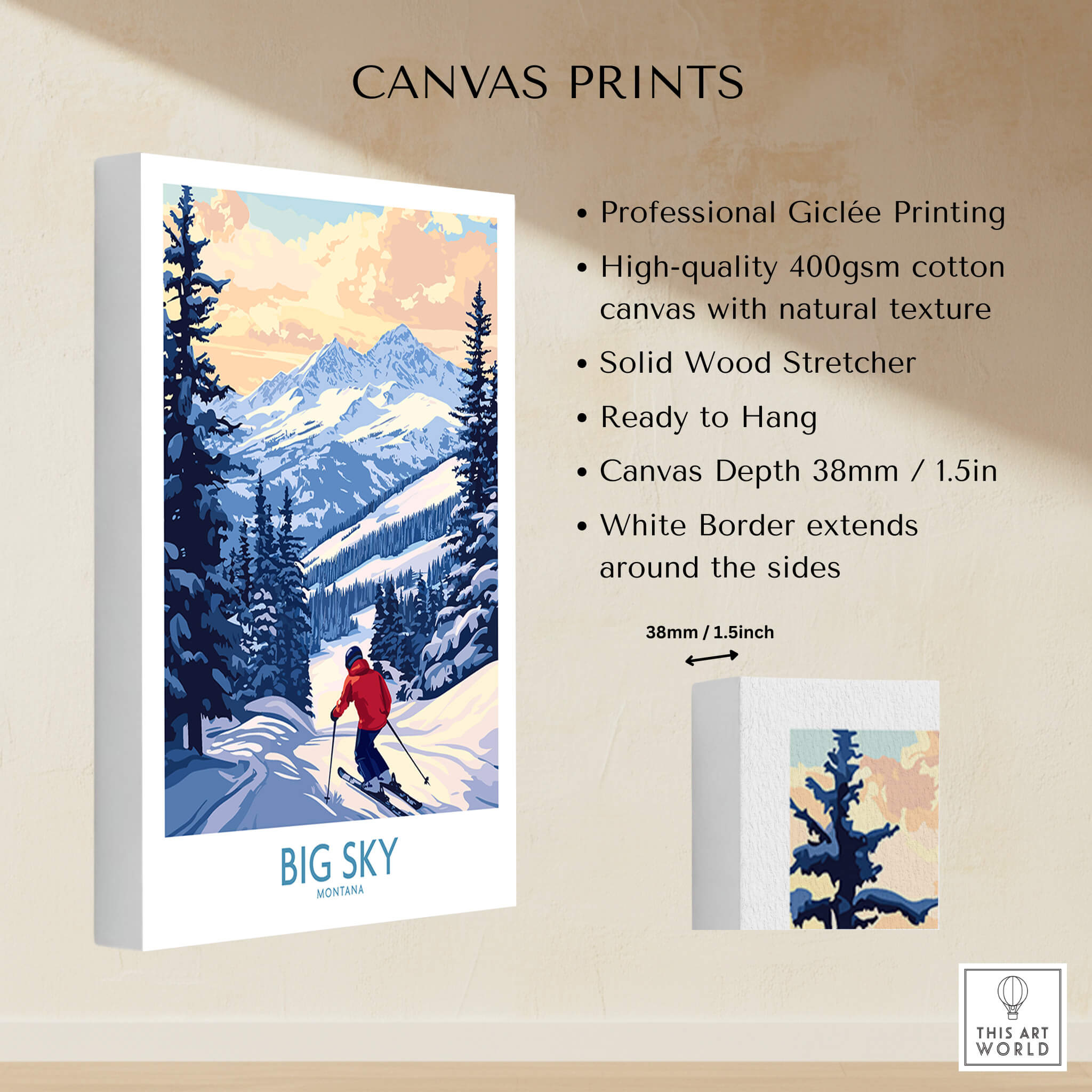 Big Sky Montana Print Ski Resort canvas print highlighting professional Giclée printing and mountain landscape.