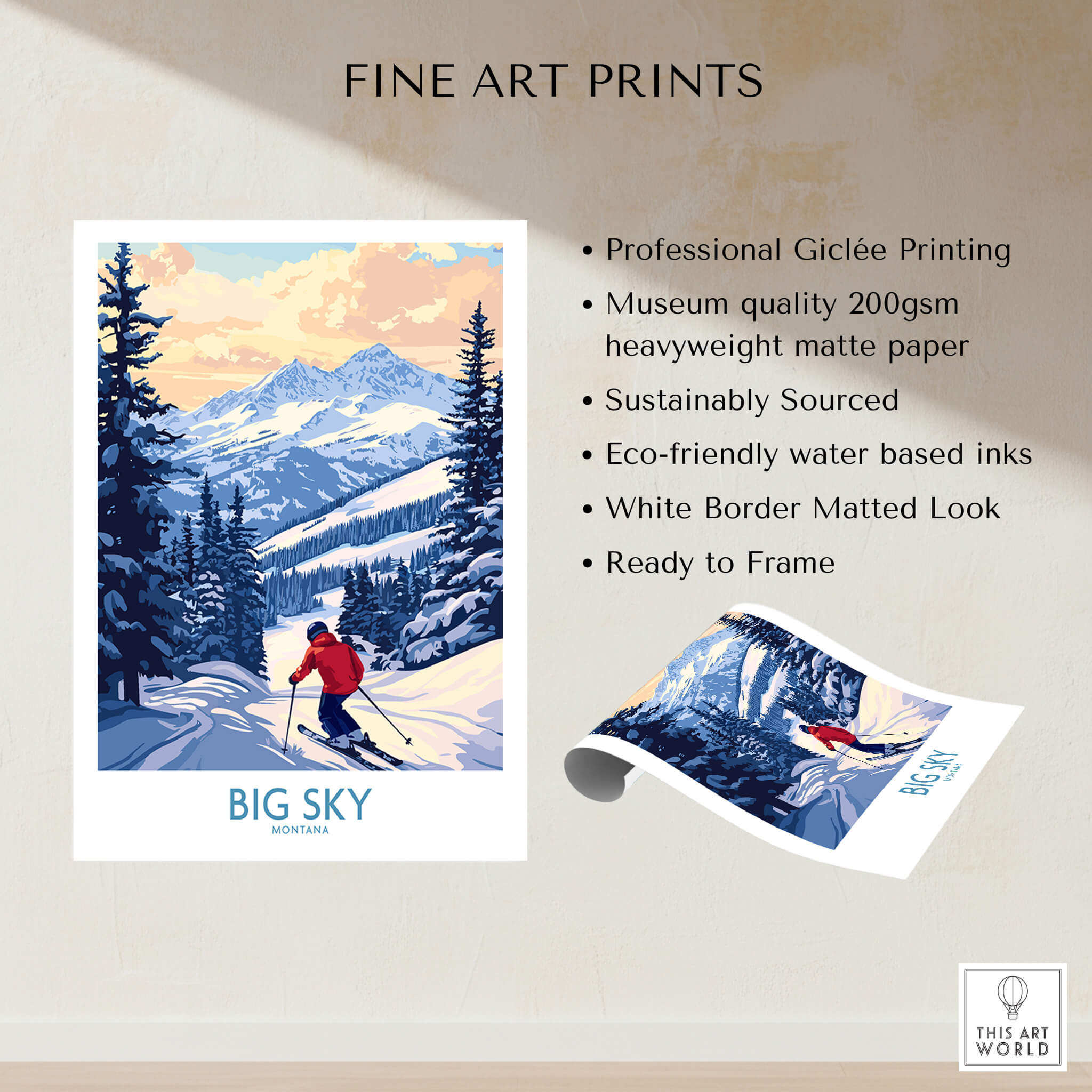 Big Sky Montana Print Ski Resort artwork featuring a skier in snowy mountain scenery.