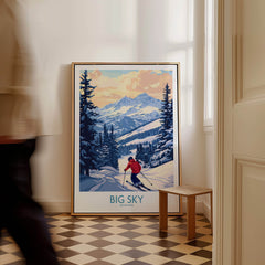 Big Sky Montana Print Ski Resort artwork displayed in a cozy interior setting, featuring scenic mountain views.