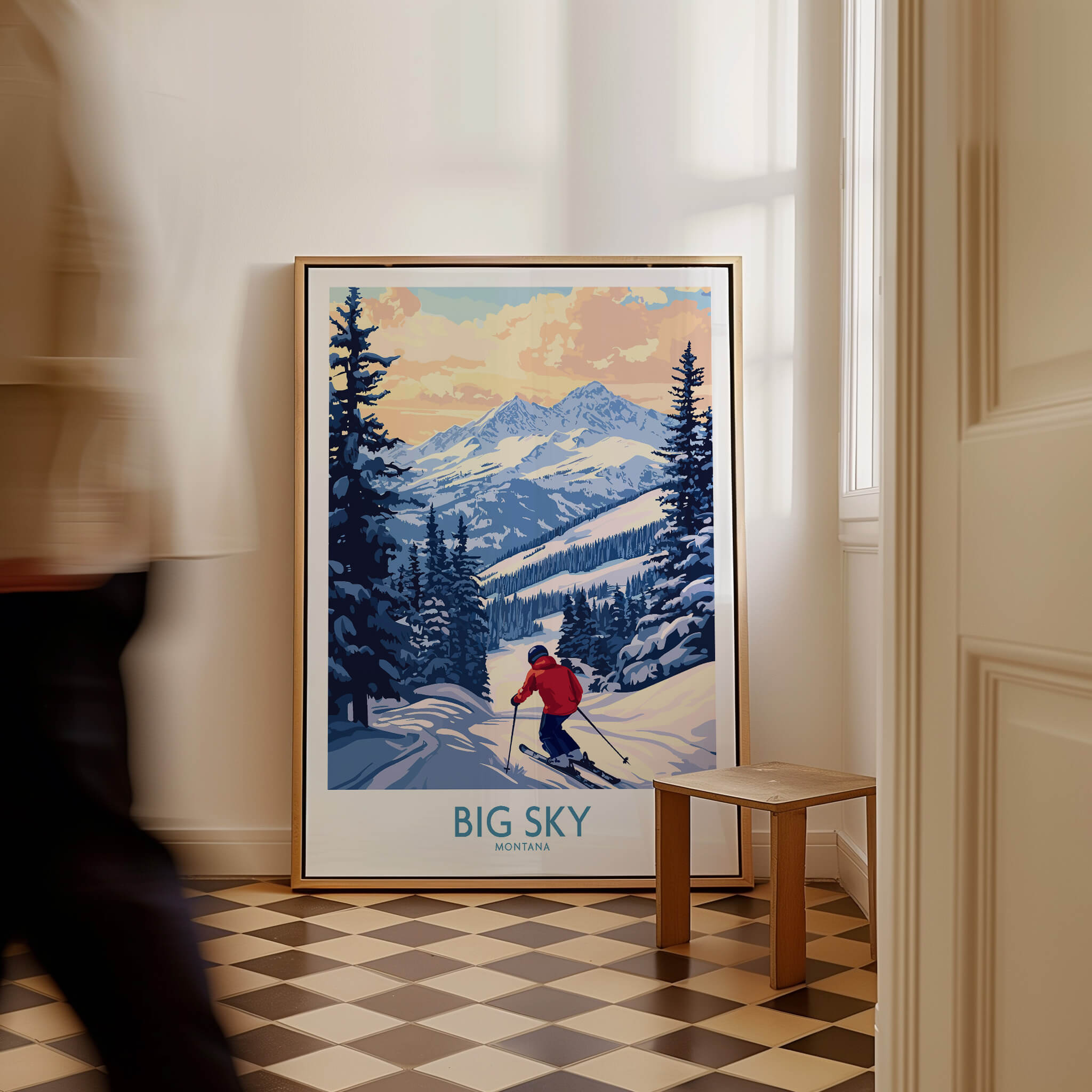 Big Sky Montana Print Ski Resort artwork displayed in a cozy interior setting, featuring scenic mountain views.