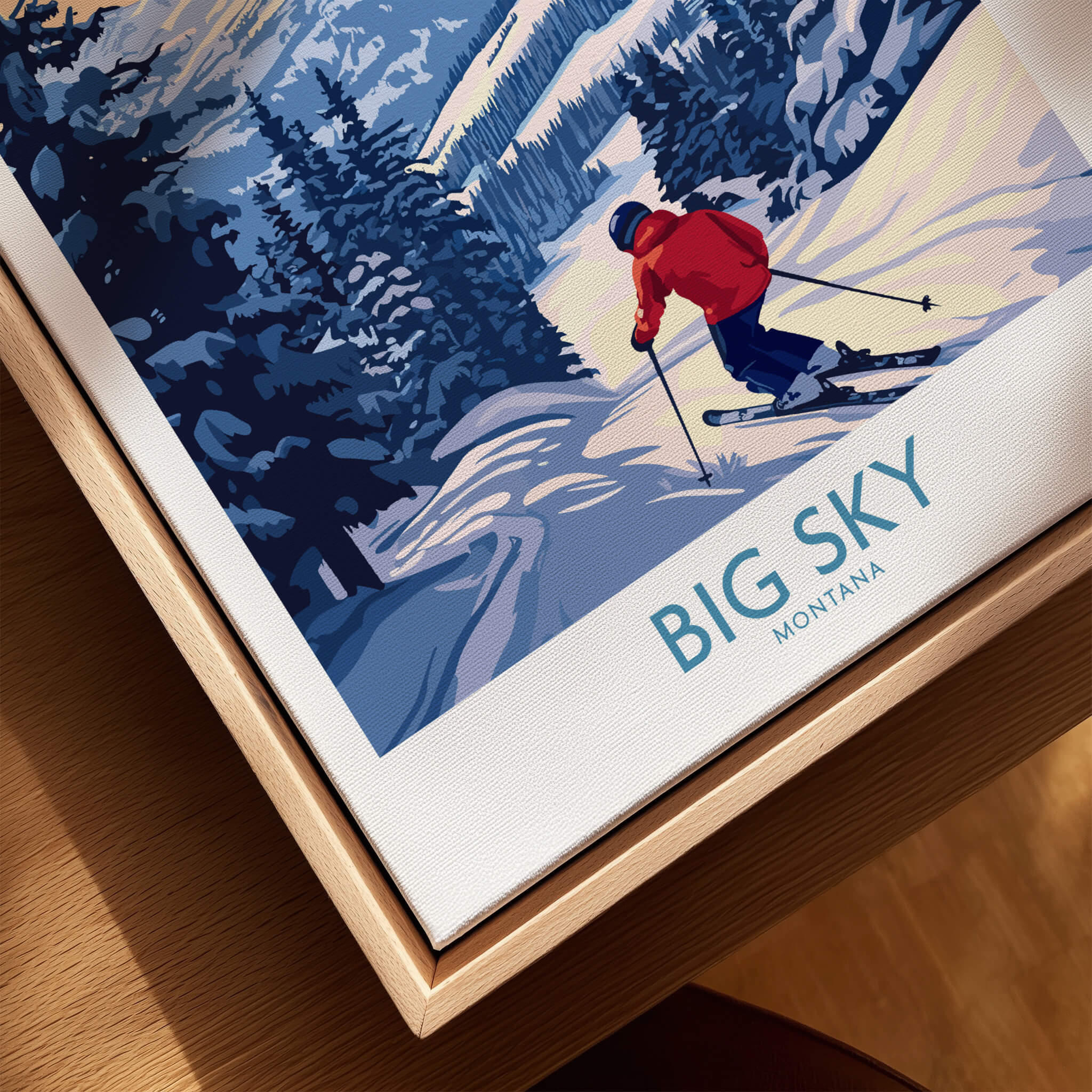 Big Sky Montana Print Ski Resort showcasing a skier navigating snowy slopes amidst scenic mountain views.