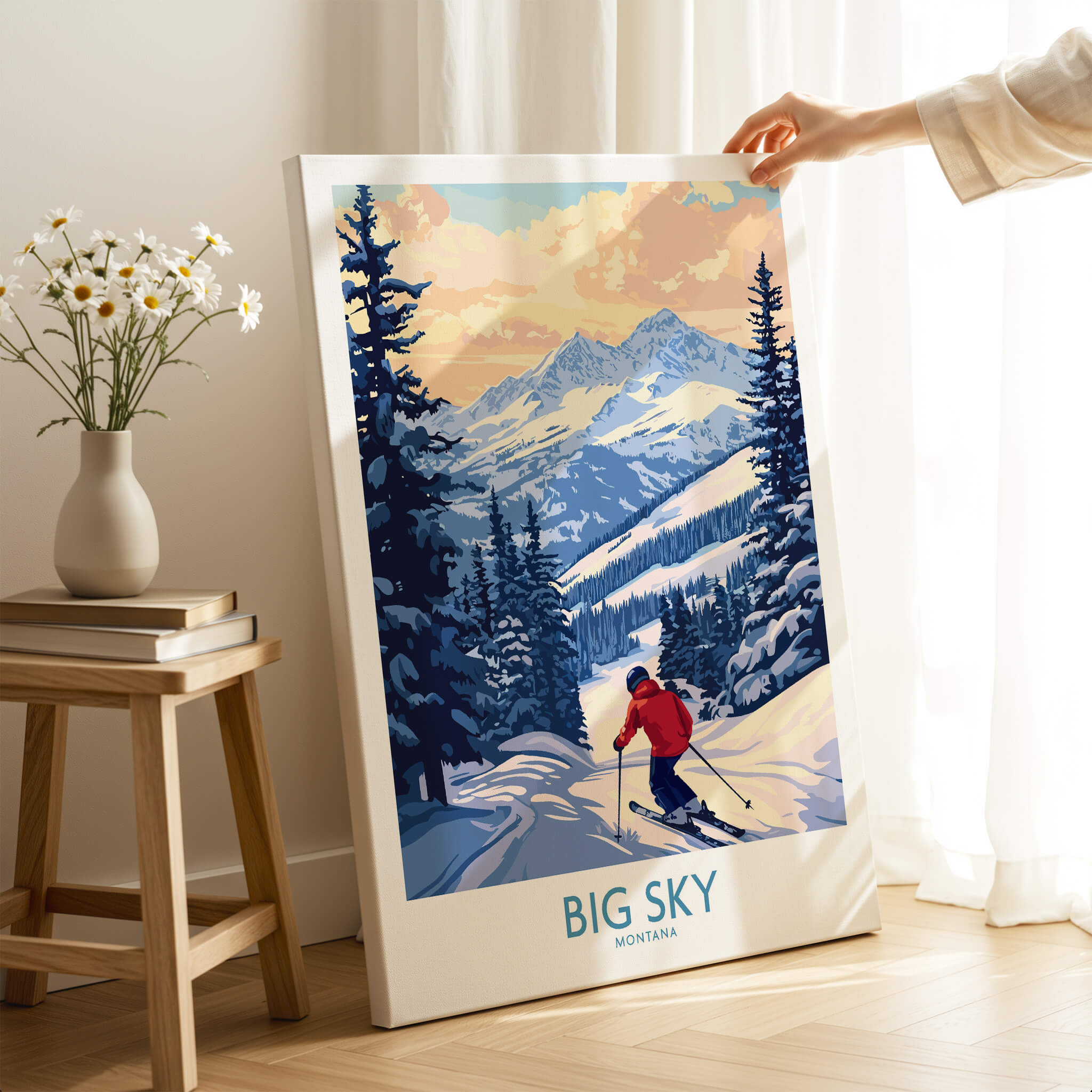 Big Sky Montana Print Ski Resort artwork featuring skier in scenic mountain landscape.