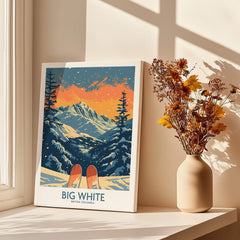 Big White Ski Print - British Columbia displayed on a window sill with flowers.