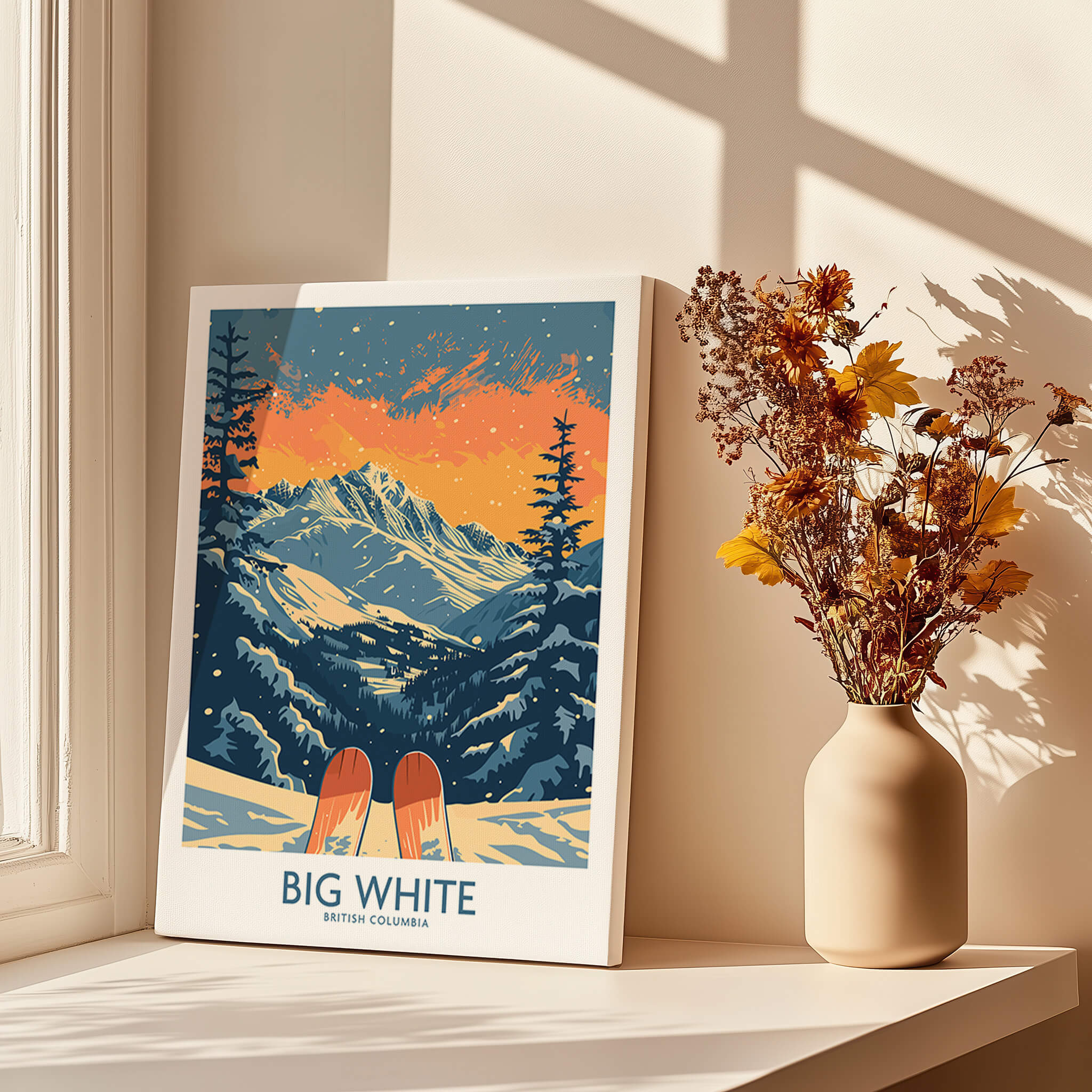 Big White Ski Print - British Columbia displayed on a window sill with flowers.