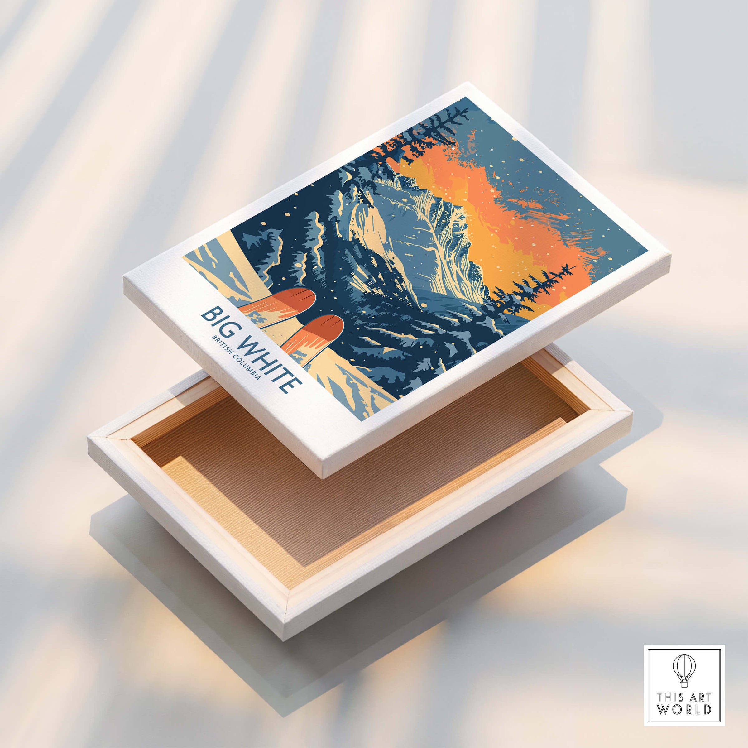 Big White Ski Print - British Columbia showcased on a decorative box with a vibrant mountain scene.