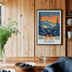 Big White Ski Print - British Columbia featuring a stunning mountain landscape and ski equipment in a cozy setting.