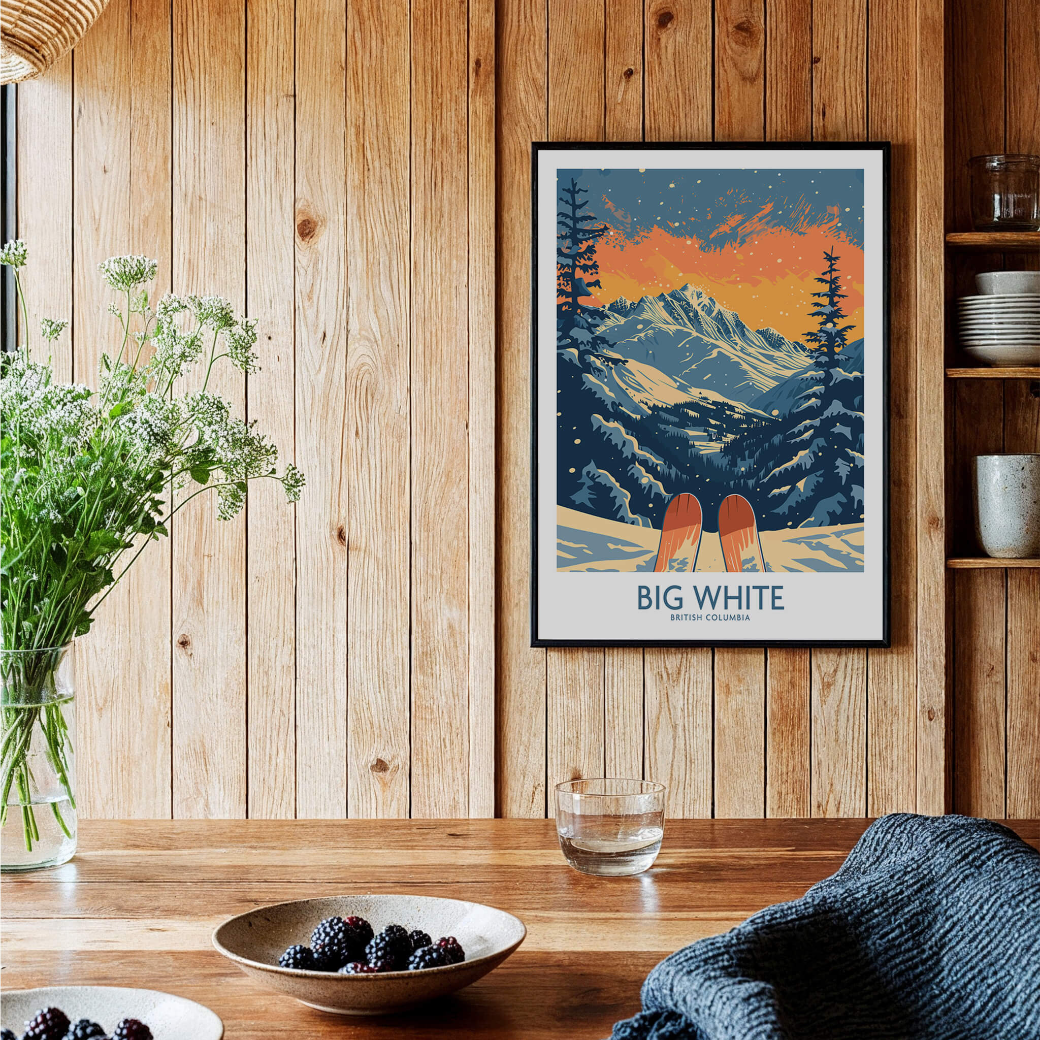 Big White Ski Print - British Columbia featuring a stunning mountain landscape and ski equipment in a cozy setting.