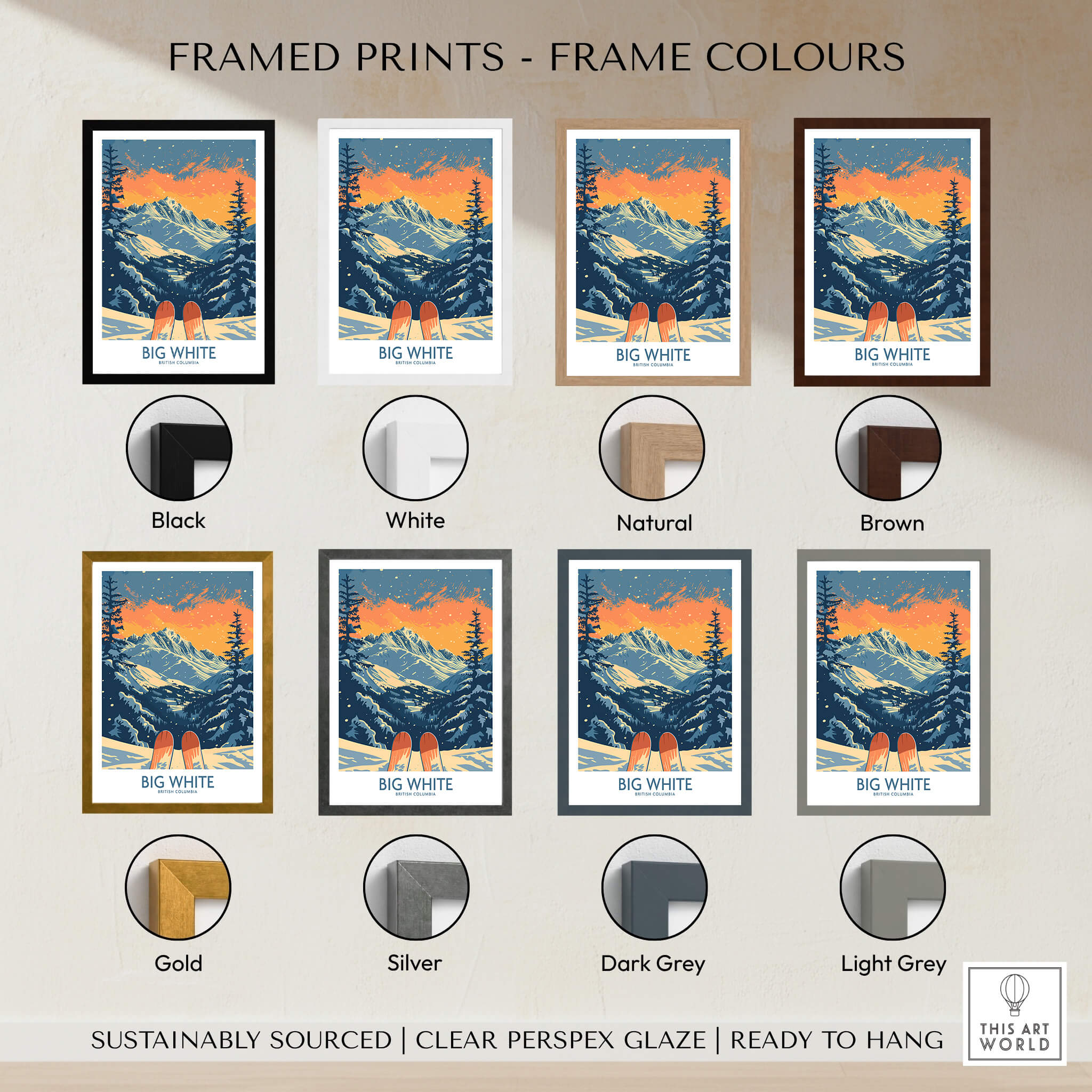 Framed prints display options for Big White Ski Print - British Columbia in various frame colors including black, white, natural, and brown.
