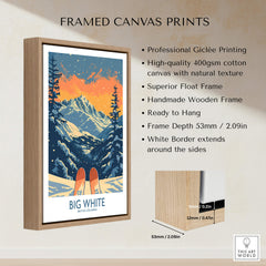 Framed Big White Ski Print - British Columbia showcasing winter scenery and wooden frame details.