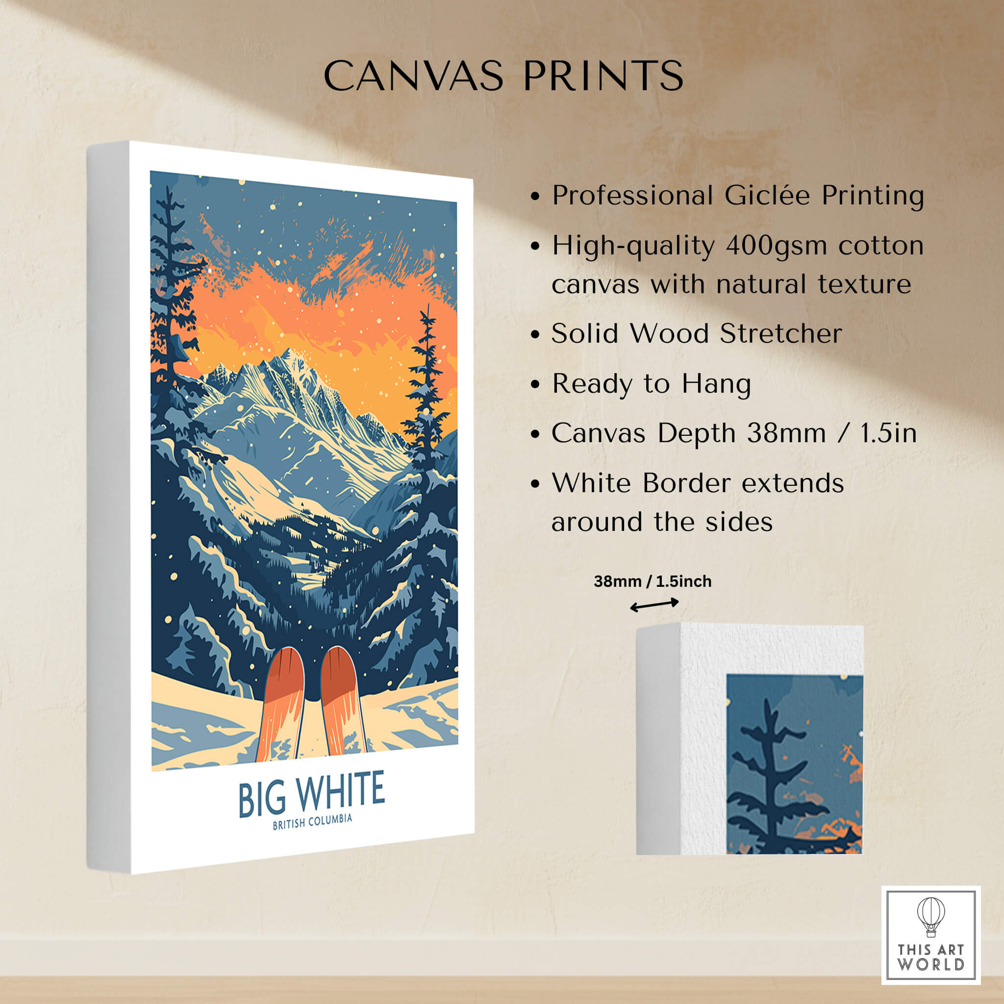 Big White Ski Print - British Columbia showcased on high-quality canvas with stunning mountain artwork.
