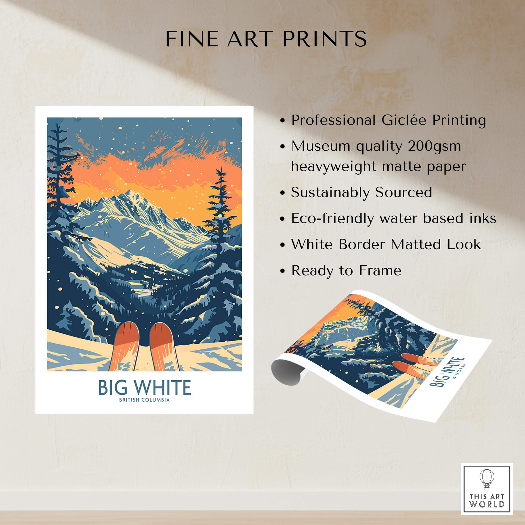 Big White Ski Print - British Columbia showcasing mountains and snow with skis at the forefront, perfect for home decor.