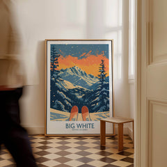 Big White Ski Print - British Columbia displayed in a home setting with skis and mountains in the background.