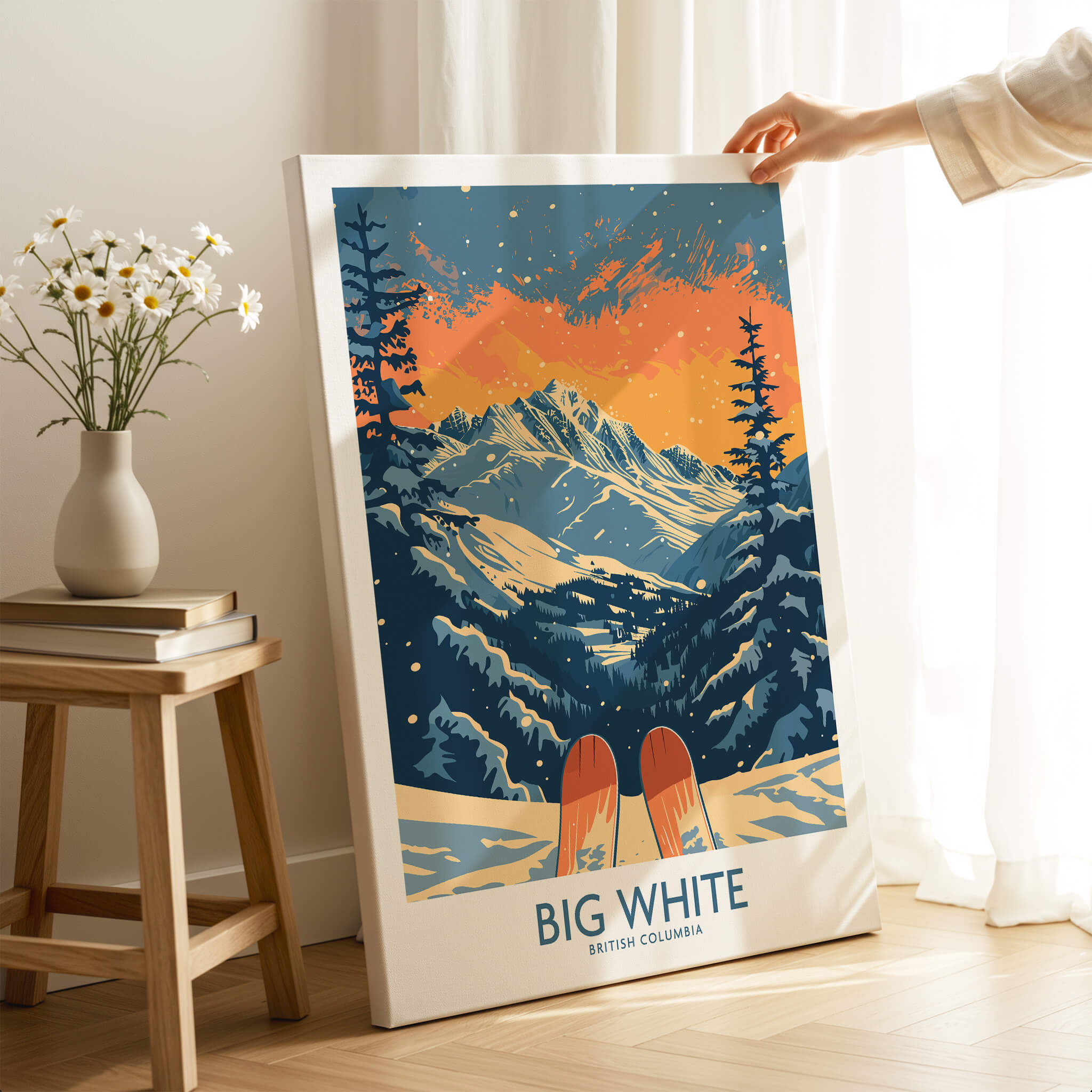 Big White Ski Print - British Columbia showcasing mountains and ski slopes in a vibrant sunset setting.