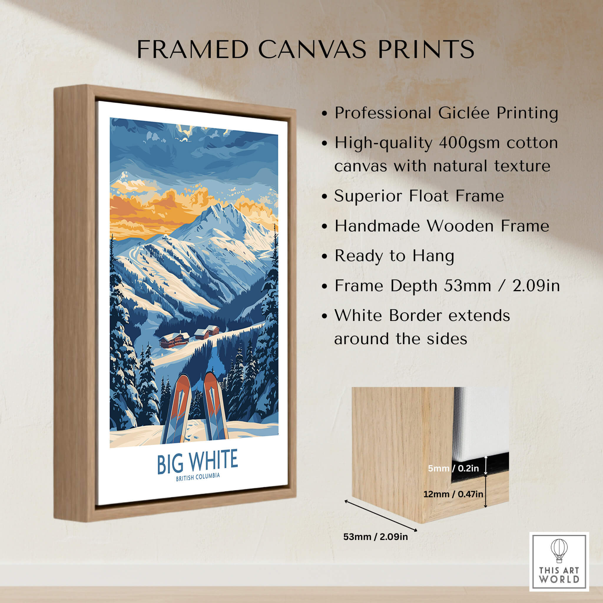 Framed canvas print of Big White Wall Art Print - British Columbia with high-quality giclée printing and wooden frame.