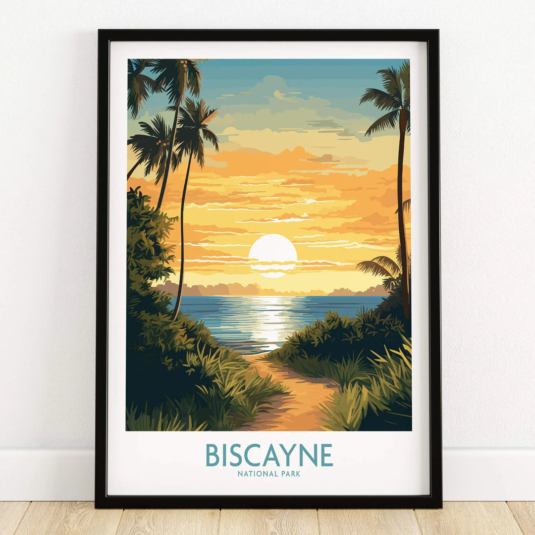 Biscayne National Park art print with sunset, palm trees, and ocean in black frame on floor