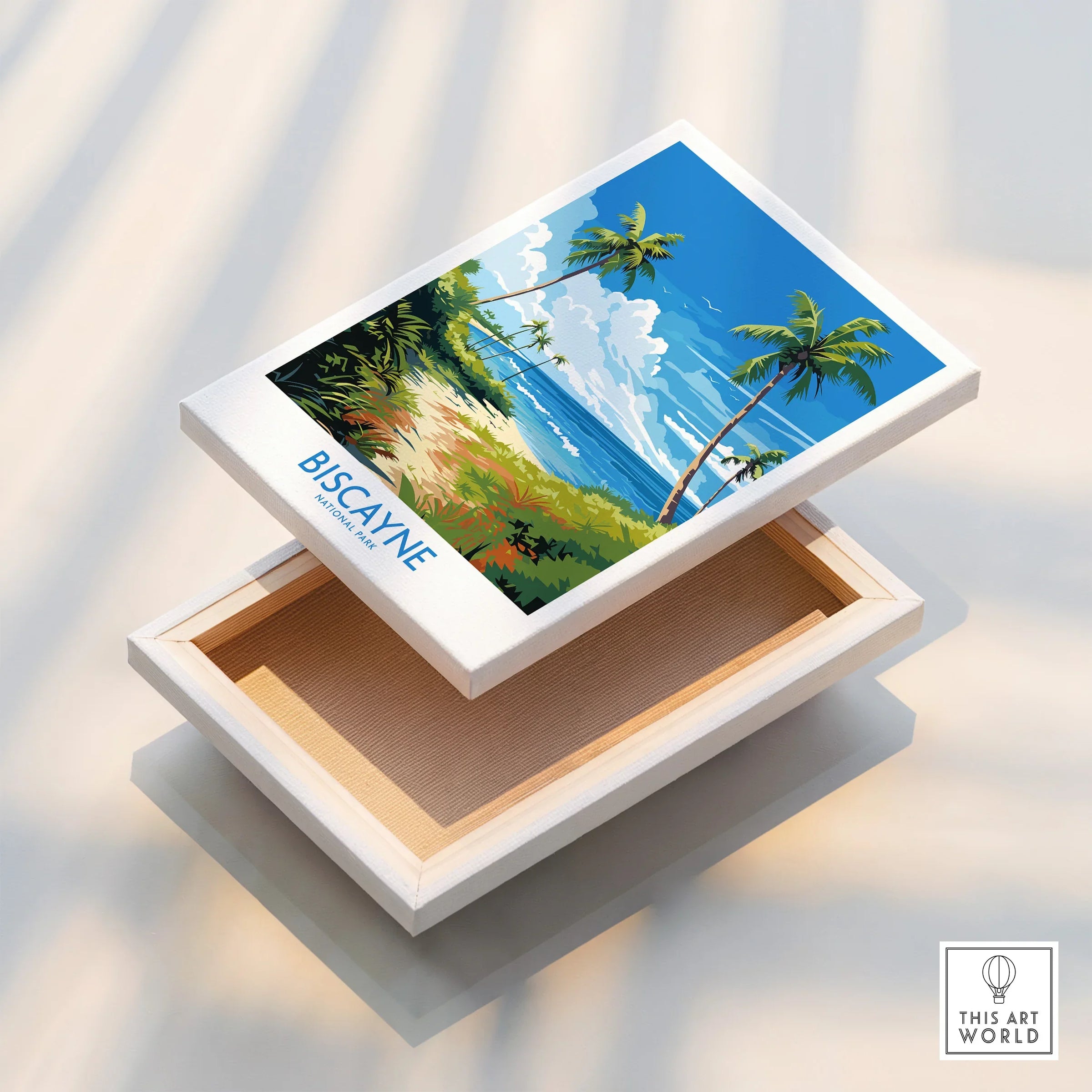 Biscayne National Park canvas wall art with palm trees, ocean, and beach scene in sunlight
