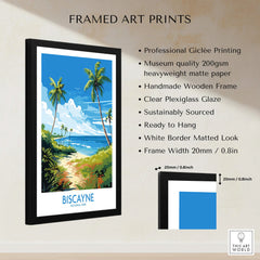 Framed Biscayne National Park art print with palm trees, blue ocean, and product details